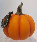 Orange Pumpkin Wearing A Black Cat Masquerade Face Mask W gold Trim   Rhinestone