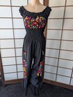 Vtg 70s Mexican Embroidered Colorful Floral Maxi Dress Jumpsuit Peasant Style M