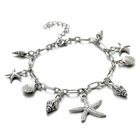 Silver Beach Starfish Anklet Seashell Charm Ankle Bracelet Dangle Shells Conch