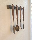 Vintage French Brass And Wood Kitchen Utensils 5 Pc Set Wall Rack Rustic Decor