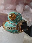 Vintage Gold Plated Lg Costume Bling Ring Blue Enamel Citrine Onyx Sz8 5