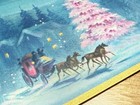 Vintage Mid Century Christmas Greeting Card Glitter Pink Pine Tree Sleigh Unused