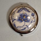 Vintage Silver Toned Pill Box Porcelain Floral Top Hinged Trinket Compact