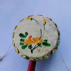 Vintage Hand Rattle Drum Monkey Hand Painted Yellow Flowers Red Handle Works