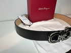 Adjustable Black Calfskin Leather Salvatore Ferragamo Belt Black Buckle Silver
