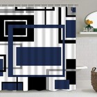 4 Pcs Blue Geometric Shower Curtain Sets With 12 Hooks Non-slip Rugs U-shaped   
