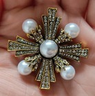 Vintage Baroque Style Pearl   Crystal Maltese Cross Gold Tone Brooch Pin