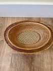 Set Of 2 Finely Woven Oval Bamboo Wicker Baskets Bowls Vintage Green Accent