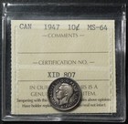 1947 Canada 10 Cents Iccs Ms64 Silver Violet Toning  24494