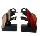 Hand Carved Kneeling Elephant Bookends Trunk Up Glitter Tapestry W Tassels 7 75   