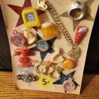Vintage Vending Header 5 Cent Toy Gumball Prizes Batman Pin Rings Plus Extras
