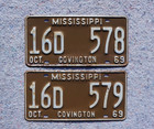 1969 Mississippi License Plate Plates Lot Of 2 - Consecutive Number