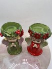 Vtg Lefton Praying Angels Candle Holder Figurines Set Of Two  Poinsettias Wreath