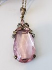 Vintage Art Deco Signed Czech Pendent Necklace Pink Glass Gold Filled Chain