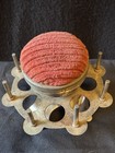 Vintage Victorian Sewing Pin Cushion Metal Spool Thread Holder Burgundy Fabric