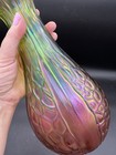 Antique Bohemian czech Art Glass Vase Honeycomb     Iridescent Rubina Verde As Is