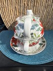 Grace Teaware Christmas Flower Poinsettia Teapot Cup   Saucer Set Gold Trim New