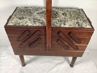    vintage Wooden Accordion Sewing Box 3 Tier Cantilever Basket Stand Tapestry Lid