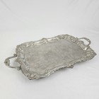 Vtg Large Silver Plate Butler Serving Tray Footed Scalloped Edge Embossed Heavy