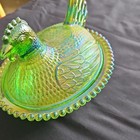 Green Iridescent Carnival Glass Hen On Nest Covered Dish W  Lid  7  Oval