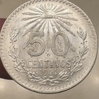             1944 Mexico Unc Silver 50 Centavos Cap   Ray Coin Toner Unc             