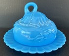 Eapg Dithridge Round Butter Dish Turquoise Blue Milk Glass Feathered Dahlia