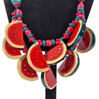 Vintage Wooden Watermelon Beaded Necklace With Dangle Earrings Costume Jewelry