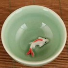 Chinese Green Porcelian Hand Carving Fish Tea Cup Bowl
