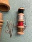Vintage Tooled Wooden Sewing Kit Thimble Needle Case W velvet Travel Case