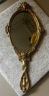Antique Brass Hand Mirror Leather Back Winged Cherub Art Nouveau 11   