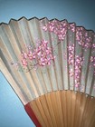 Vintage Silk  Hand Fan  Painted On Print  Red Wood  Key Chain  Gold Trim 11   