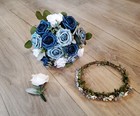 Dusty Blue Navy Rose Bridal Bouquet White Wedding Flowers Eucalyptus Bridesmaid
