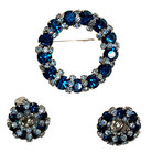 Warner Rhinestone Brooch   Clip-on Earring Set Women Blue Signed Vintage Rare