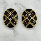 Vintage Premier Clip On Earrings Oval Gold Tone Enamel Geometric Design Jewelry