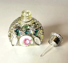 Miniature Yellow Glass Perfume Bottle Wrapped In Silver Tone Filigree Bejeweled