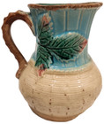 Majolica 4 5  Pitcher Turquoise   Beige Woven Basket Design With Leaves