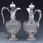 Antique French Sterling Silver   Intaglio Engraved Claret Jug Pair  Mascarons