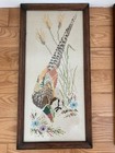 Pair Vintage 60   s Mc Embroidered Cross Stitch Pheasants Framed Under Glass 12x24