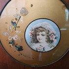 Antique Vtg Round Glass Flue Cover Victorian Girl Handpainted Flowers 9 75 Inch 