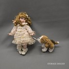 Vtg Porcelain Collectible Little Girl Doll 14  Tall With Dog Nipping At Dress