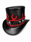 Handcrafted Black Leather Top Hat Red Flame Skulls Braided Band Gothic Steampunk
