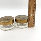 Vintage Art Deco Style Round Glass Powder Vanity Dresser Jar Gold Metal Set Of 2