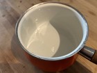 Adorable Vintage  Red Enamel Pot With Wooden Handle And Lid With Wood Knob