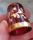 Antique Bohemian Cranberry Glass Thimble Gilt Encrusted Gold Scroll Sewing