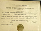 1945 Massachusetts Medical License John Clifford Anderson Tufts Medical School