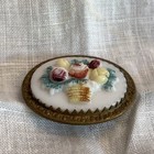 Antique Raised High Relief Basket With Fkower Roses Milk Glass Pin Brass Bronze 
