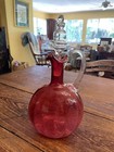 Antique Hand Blown Optic Ribbed Cranberry Glass Decanter Cruet And Clear Stopper