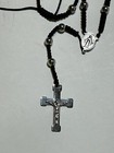 Catholic Rosary Crucifix Stainless Steel Cross Silver Beads Black Knotted Cord