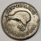 1934 New Zealand One Florin Silver Coin - 0 50 Silver - King George V  Gb-z34e