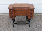 Antique White Treadle Sewing Machine  Oak   Cast Iron Cabinet  6 Drawers